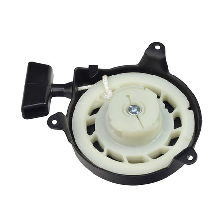 Pull Start 690101/499706 for Briggs & Stratton Gas Engines, featuring a black handle and white plastic housing, shown in a close-up view to highlight the screw attachment.