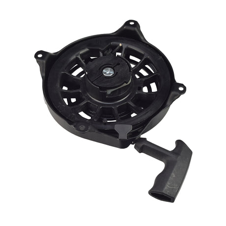 Pull Start 497680 for Briggs & Stratton Vertical Shaft L-Head & Quantum Gas Engines, shown as a black plastic pulley with a handle, suitable for Toro lawn mowers and other garden applications.