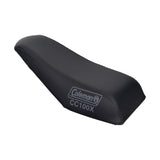 Black vinyl replacement seat for Coleman CC100X and Baja Doodle Bug Mini Bikes, featuring a branded logo, designed for newer angle-frame models. Not suitable for older flat-top frame Doodle Bug models.