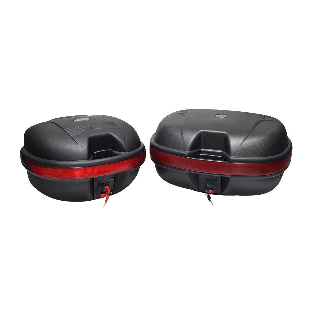 Universal Dual Sport Top Case Scooter Trunk, featuring two black boxes with red stripes, lock, keys, and mounting hardware for secure attachment to scooter rear racks.