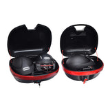 Universal Dual Sport Top Case Scooter Trunk shown open, holding two black helmets inside a black and red box.