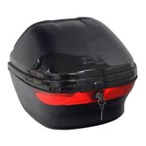 Universal Gloss Black Top Case Scooter Trunk with red reflectors, featuring a glossy black finish, durable ABS construction, and a built-in padded backrest. Includes lock and keys for secure storage.