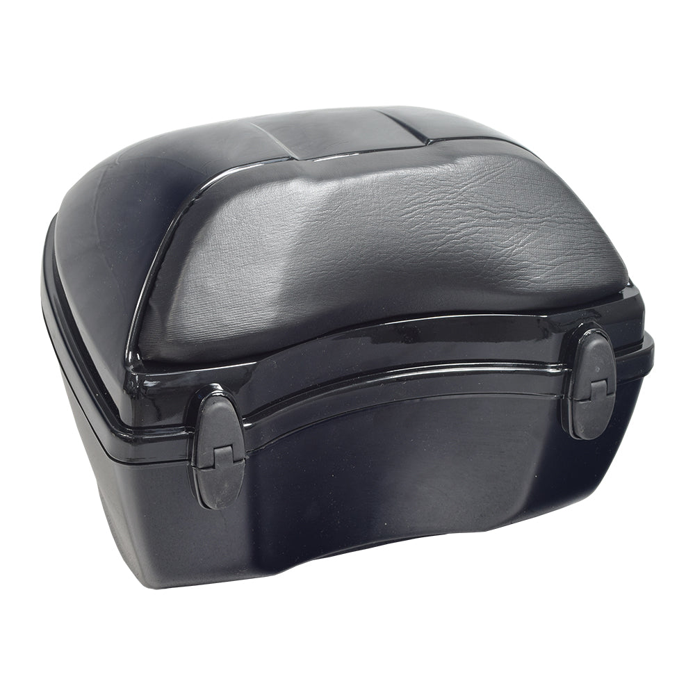 Universal Gloss Black Top Case Scooter Trunk; durable black ABS with a glossy finish, two locks, built-in padded backrest, and reflectors. Ideal for securely storing helmets and essentials on scooters.