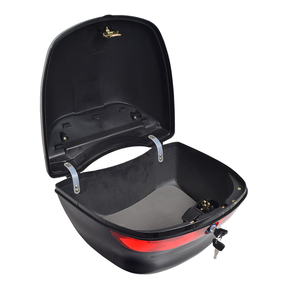 Universal Gloss Black Top Case Scooter Trunk with a red handle, glossy black finish, and built-in padded backrest, designed to secure on a scooter's rear rack with included hardware.