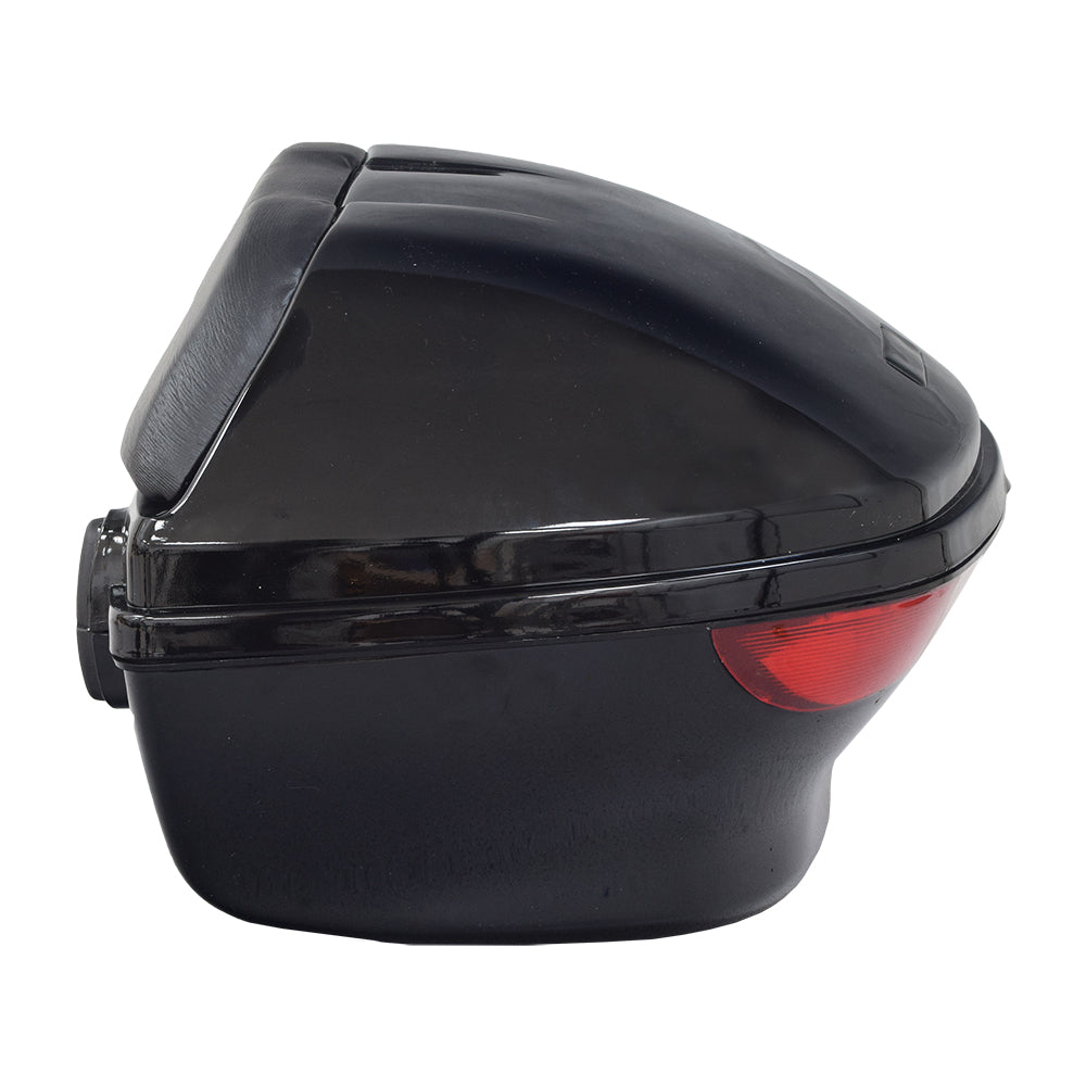 Universal Gloss Black Top Case Scooter Trunk (Blemished) with a red tail light, lockable, and features a built-in padded backrest. Made of durable ABS, suitable for helmets and accessories.