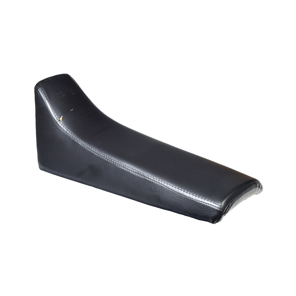 Seat for 90cc Yamaha Style Dirt Bikes (Blemished) with black leather and white stitching, showing minor scratches and dents from shipping, suitable for various 90cc dirt bike models.