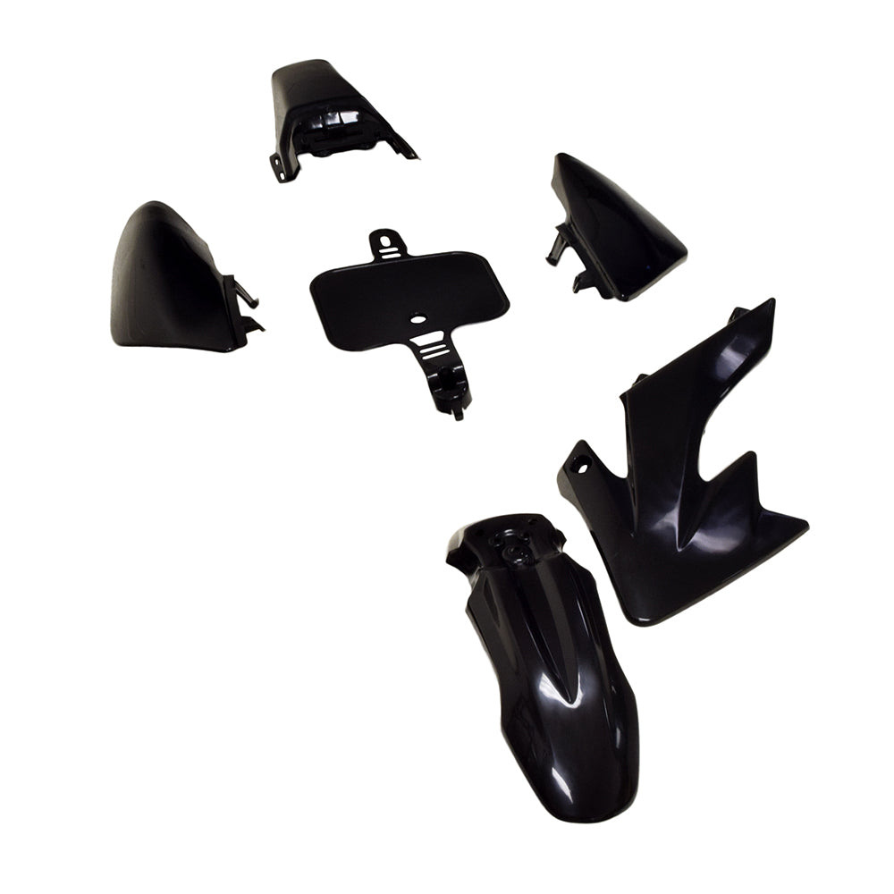 Honda CRF Style 50cc - 70cc Dirt Bike Fender & Body Panel Set (Black) (Blemished) featuring a front fender, two gas tank side covers, and a left side panel, shown up-close with visible scratches.