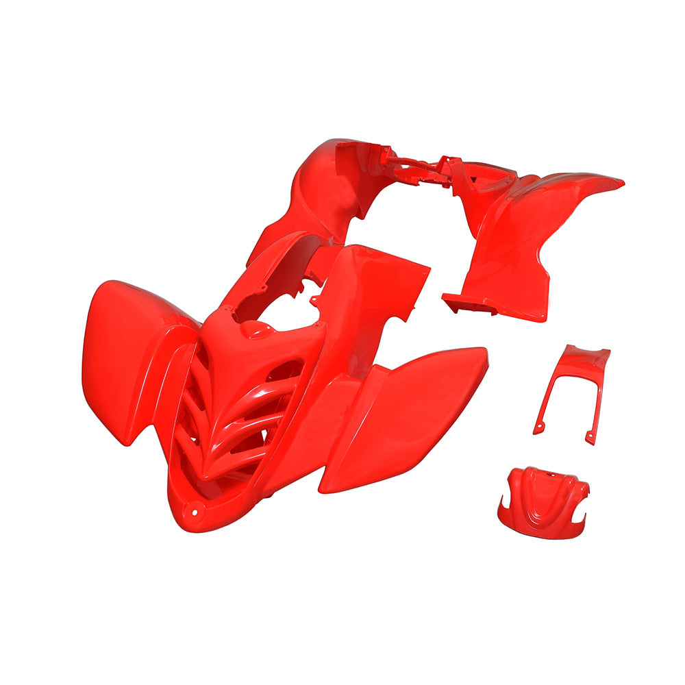 Fender Set for 90cc to 150cc ATVs featuring a red plastic design with multiple parts, including a propeller-like component and vented nose, compatible with models like Coolster ATV-3150A.