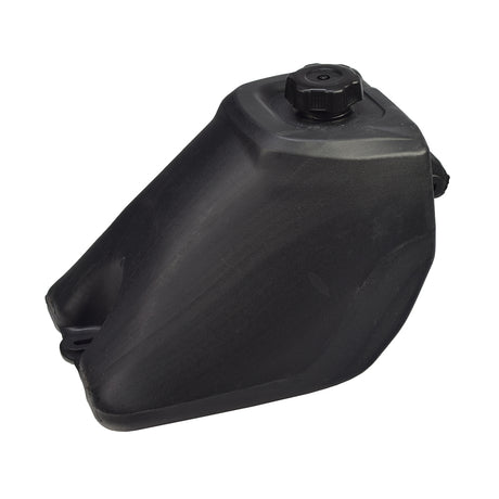 Black Plastic Fuel Tank for the Baja 90 & Baja 150 ATVs, featuring a black cap and a 2-gallon capacity, suitable for 90cc to 150cc ATVs and compatible with various other gas-powered vehicles.