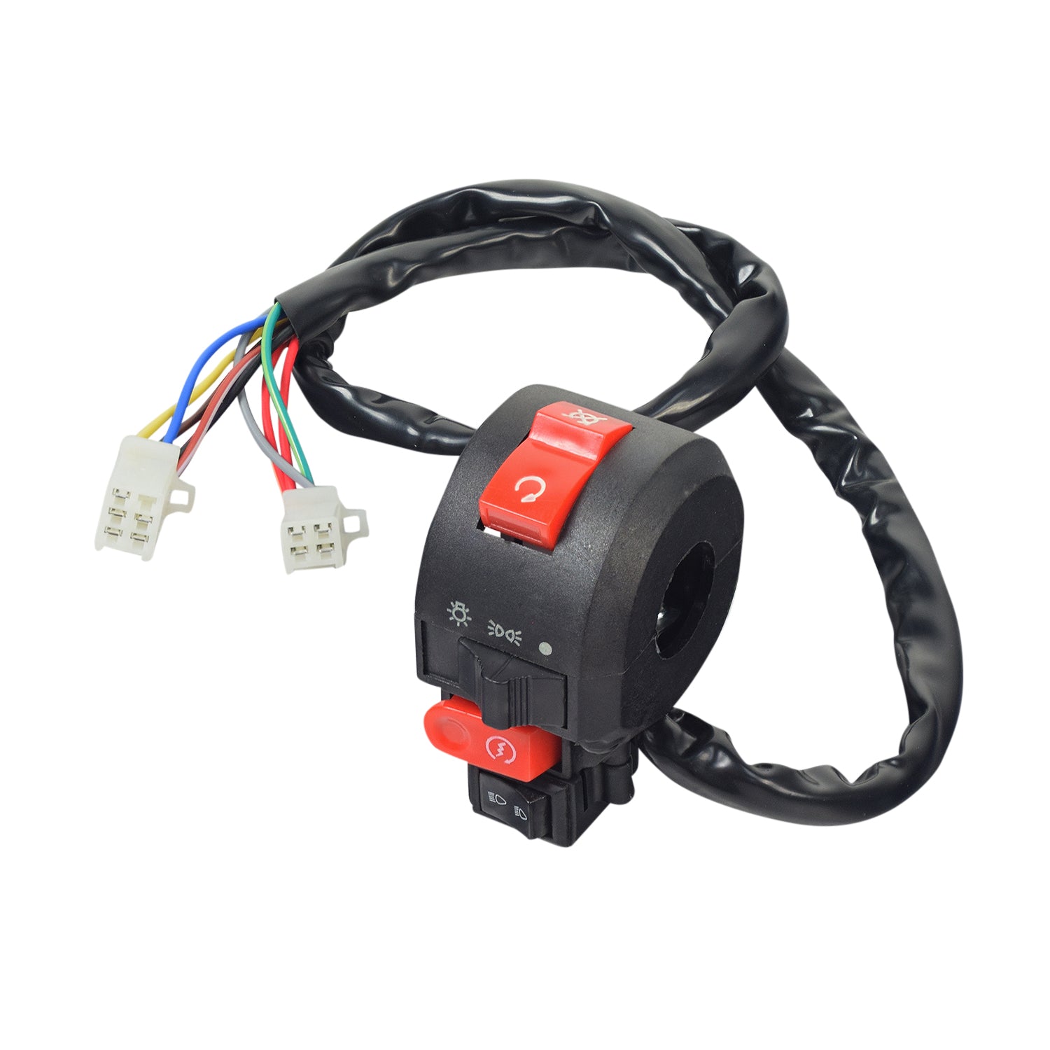 4-Function Starter Switch for 110cc ATVs, featuring red buttons and attached wires, designed to replace faulty starter switches on ATVs and off-road machines ranging from 50cc to 250cc.