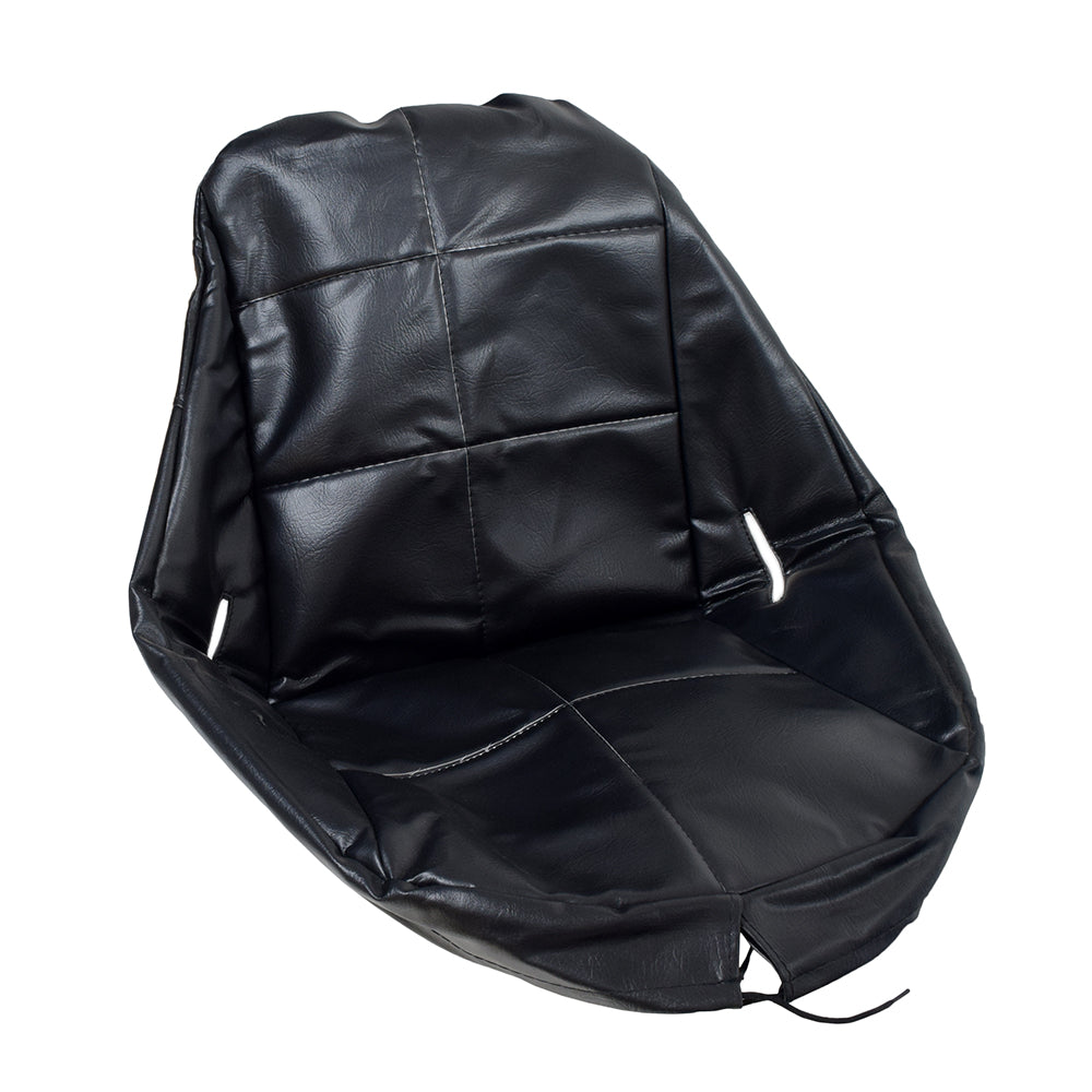 Seat Cover for the Baja Blaster Go-Kart (BB65) - black vinyl with stitching and drawstring adjustment, designed to slide over the seat back for easy installation and removal.