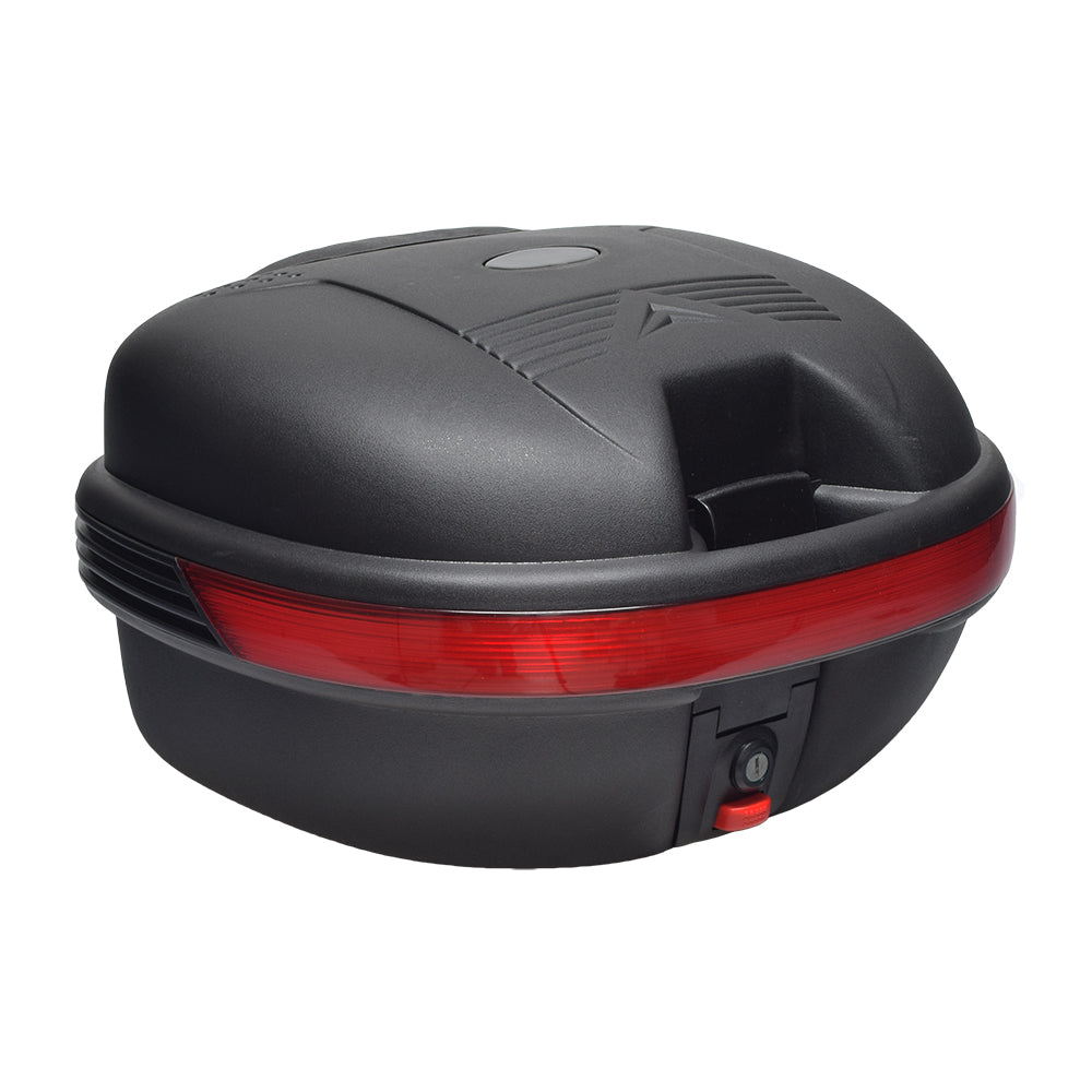 Standard Universal Dual Sport Top Case Scooter Trunk (Blemished) showing a black box with a red light and a keyhole, designed for secure storage on scooters.