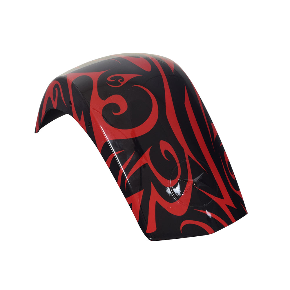 Black & Red Tribal Style Front Fender for the Motovox MBX11 Mini Bikes featuring bold, swirling patterns, designed to stand out and retrofit as a replacement for MBX10 mini bike fenders.