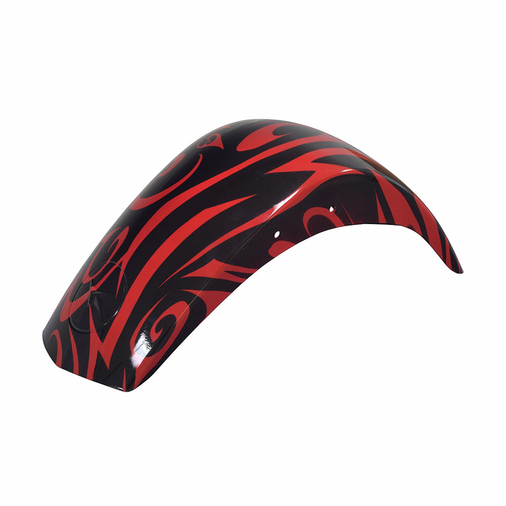 Black & Red Tribal Style Front Fender for the Motovox MBX11 Mini Bikes with distinctive swirling black and red patterns, designed to replace the original fender and enhance the mini bike's unique appearance.