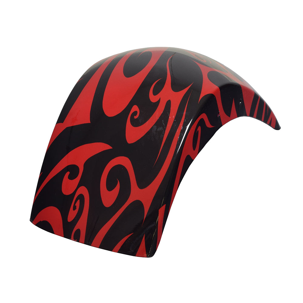 Black & Red Tribal Style Front Fender for the Motovox MBX11 Mini Bikes featuring bold, swirling tribal patterns in black and red on a white background, designed to enhance and retrofit Motovox mini bikes.