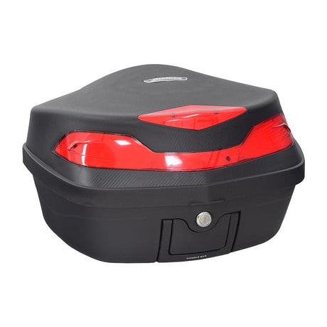 Deluxe Top Case Scooter Trunk (X-Large) featuring a sleek black design with red lights, highlighting its spacious interior and secure mounting platform for versatile storage on motor scooters.