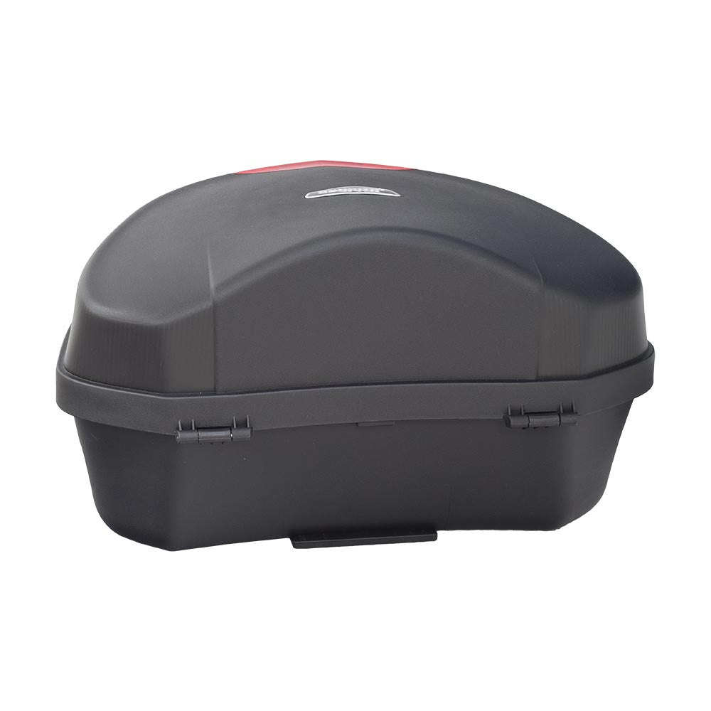 Deluxe Top Case Scooter Trunk (X-Large) (Blemished) featuring a black rectangular storage box with a red handle and mounted on a scooter, showcasing its spacious and secure locking design.