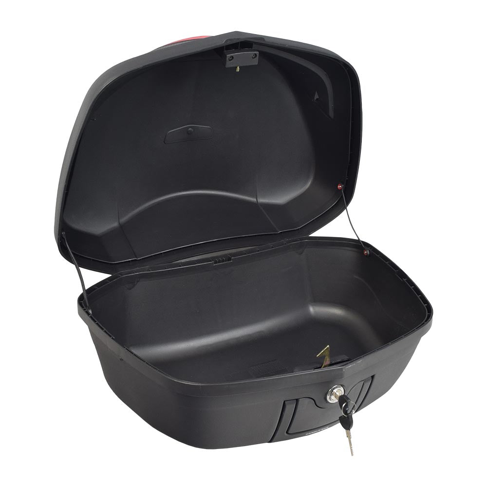 Deluxe Top Case Scooter Trunk (X-Large) with a black plastic exterior and locking mechanism, featuring a handle and keys. Suitable for mounting on scooter racks, it offers ample storage space.