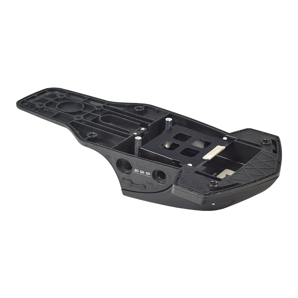 Battery & Electronics Tray for the RazorX Cruiser Electric Skateboard featuring a black plastic panel with holes, a close-up of a button, and a white object on the tray.