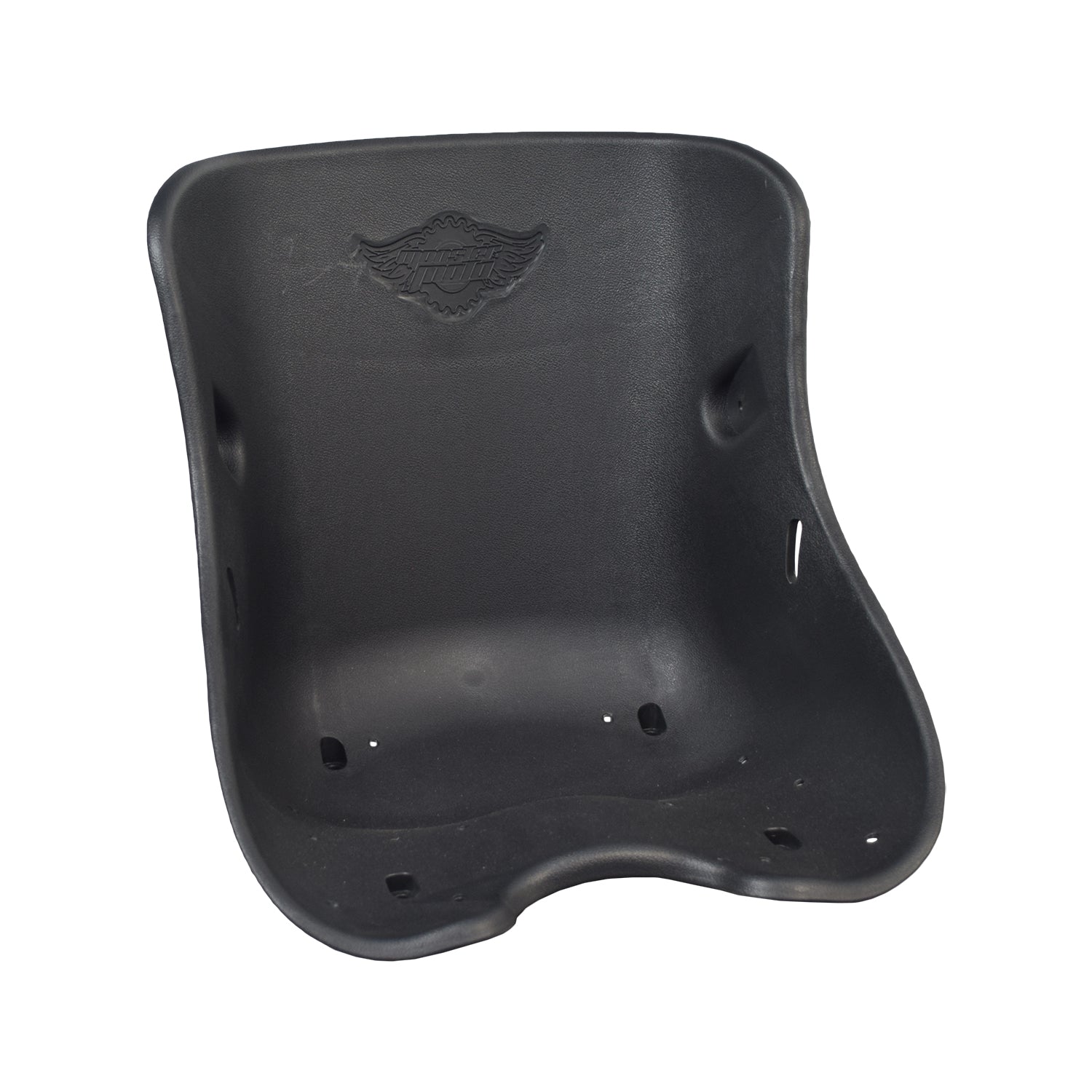 Seat for the Monster Moto / Mega Moto MM-K80 80cc Go-Kart (Blemished) featuring a black plastic bucket design with holes and safety belt slots, ensuring secure rider support.