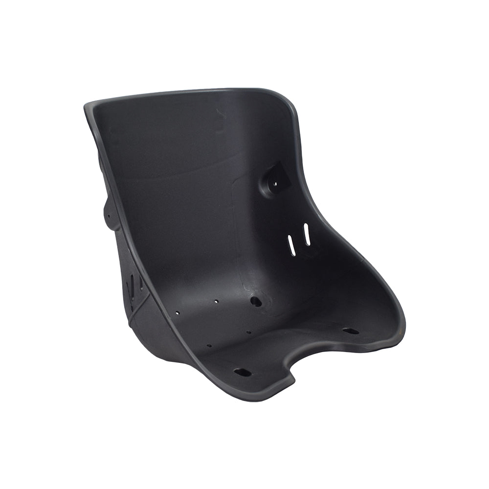 Black plastic bucket seat for the Monster Moto / Mega Moto MM-K80 80cc go-kart, featuring holes and slots for a safety belt, designed to secure the rider during dynamic movements.