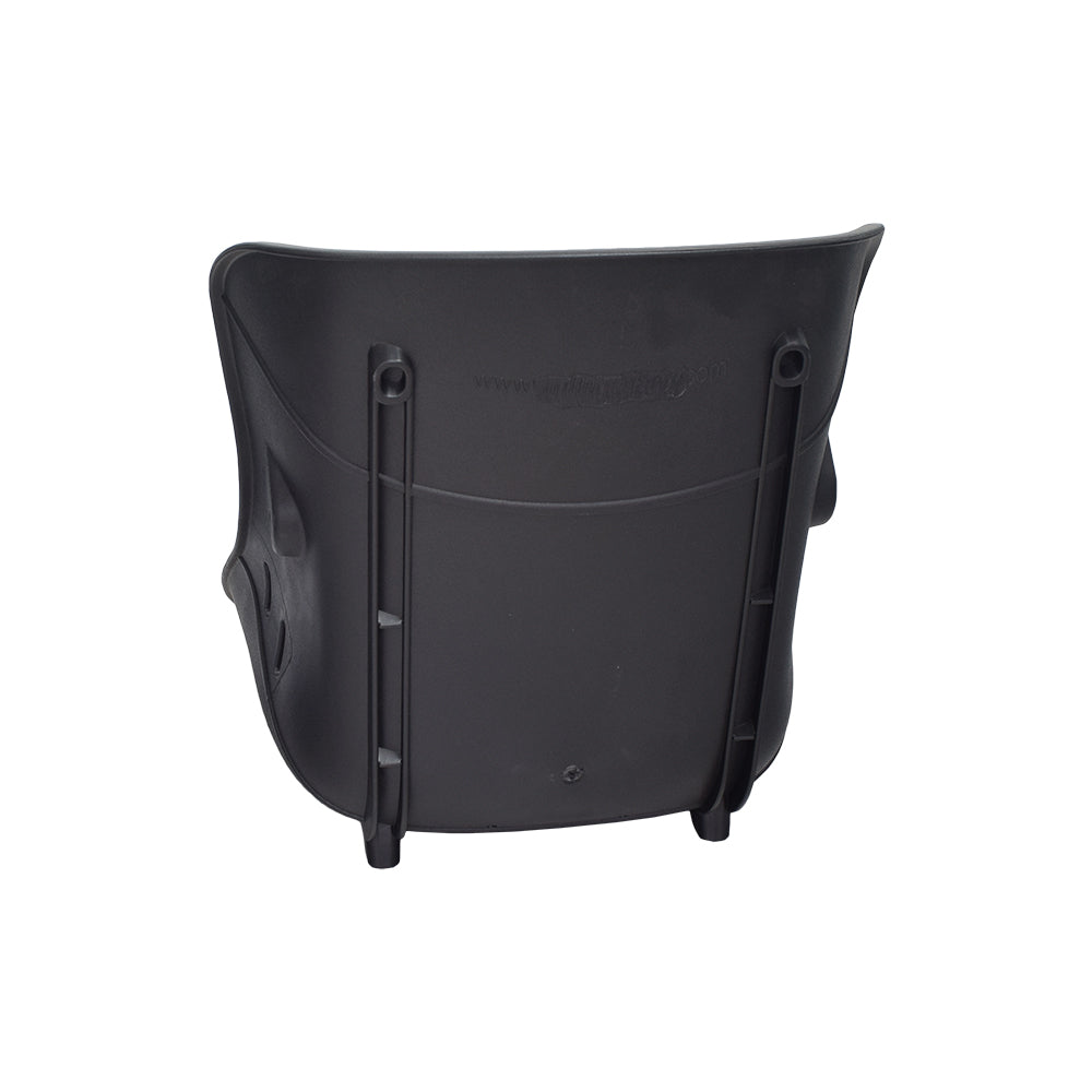 Seat for 48V 1000W Electric Go-Karts: A sturdy black plastic bucket seat with leg support and slots for a safety belt, designed to keep riders secure during fast, dynamic rides.