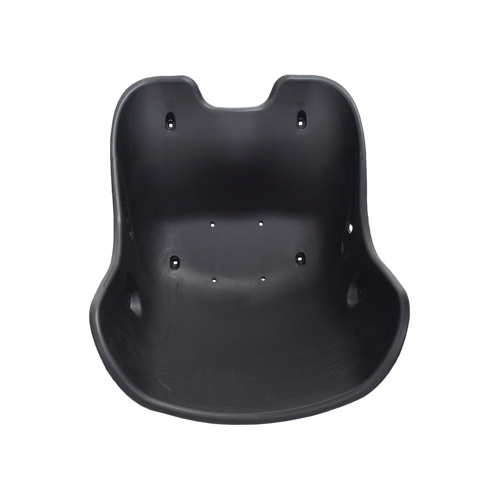 Seat for the MotoTec Off Road 48V 1000W Go-Kart, a black plastic bucket seat with holes and slots for a safety belt, designed to securely hold the rider.