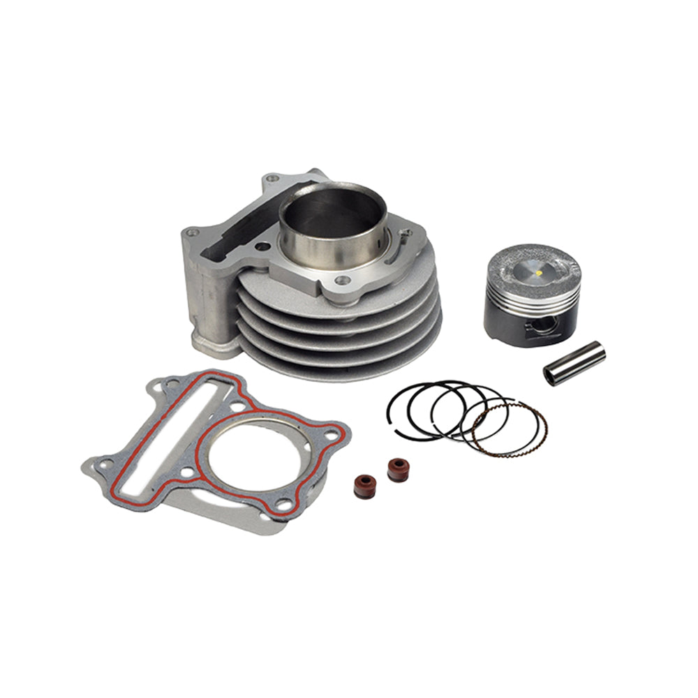 72cc 47 mm High Performance Big Bore Cylinder Kit for 50cc QMB139 Scooter Engines, featuring a close-up of the cylinder, metal rings, and a gasket with a red line, ideal for boosting engine performance.