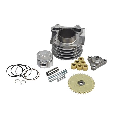 Close-up view of the 72cc High Performance Cylinder Kit for 50cc GY6 QMB139 Scooter Engines (Blemished), showcasing metal gears and parts, suitable for improving scooter engine performance.