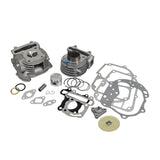 50cc High Performance Cylinder Kit for 50cc GY6 QMB139 Scooter Engines, featuring metal parts including a cylinder, rings, gaskets, and roller weights shown in a close-up view.