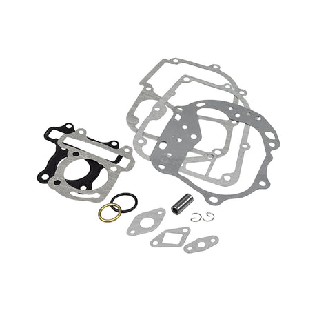 50cc High Performance Cylinder Kit for 50cc GY6 QMB139 Scooter Engines, showing metal gaskets, cylinder, rings, roller weights, and valves laid out for display.