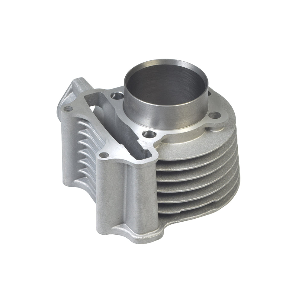 150cc Cylinder Kit for GY6 Scooter & Go-Kart Engines showing a close-up of a silver metal cylinder with a round hole, essential for high-performance installation.