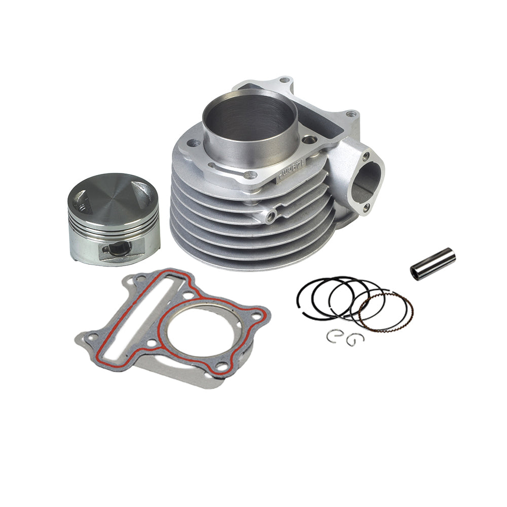 150cc Cylinder Kit for GY6 Scooter & Go-Kart Engines, featuring a close-up of the cylinder, piston, rings, gaskets, and other components. Ideal for enhancing engine performance.