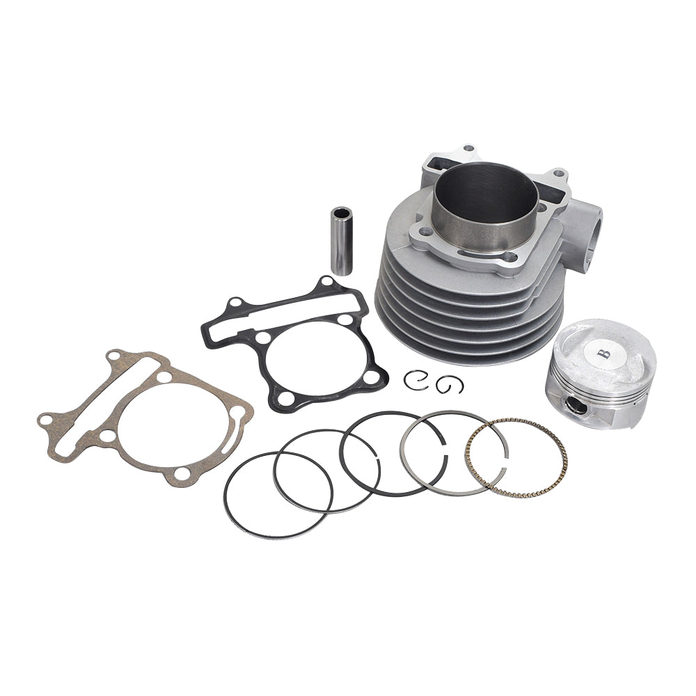 172cc Big Bore Kit for 150cc GY6 Scooter Engines, including a close-up of the cylinder, piston, rings, and gaskets, designed to enhance low-end acceleration and top speed for improved scooter performance.