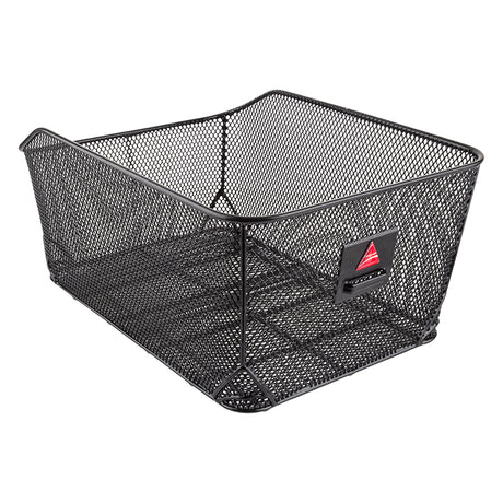 Market-Style Rear Basket for Bicycles (Axiom), a durable black wire mesh basket with a red triangle on top, designed for rear rack mounting. Features an open top and cut-away section for seat clearance.