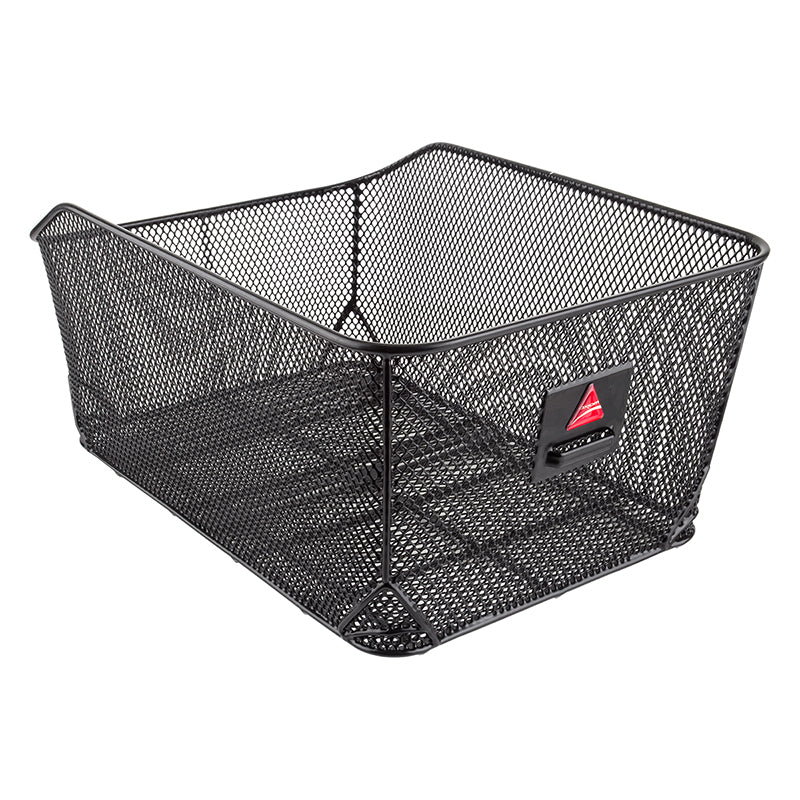 Market-Style Rear Basket for Bicycles (Axiom) with durable black wire mesh construction and distinctive red triangle at the top, designed for permanent rear mount with hardware, offering 55 lb. capacity.