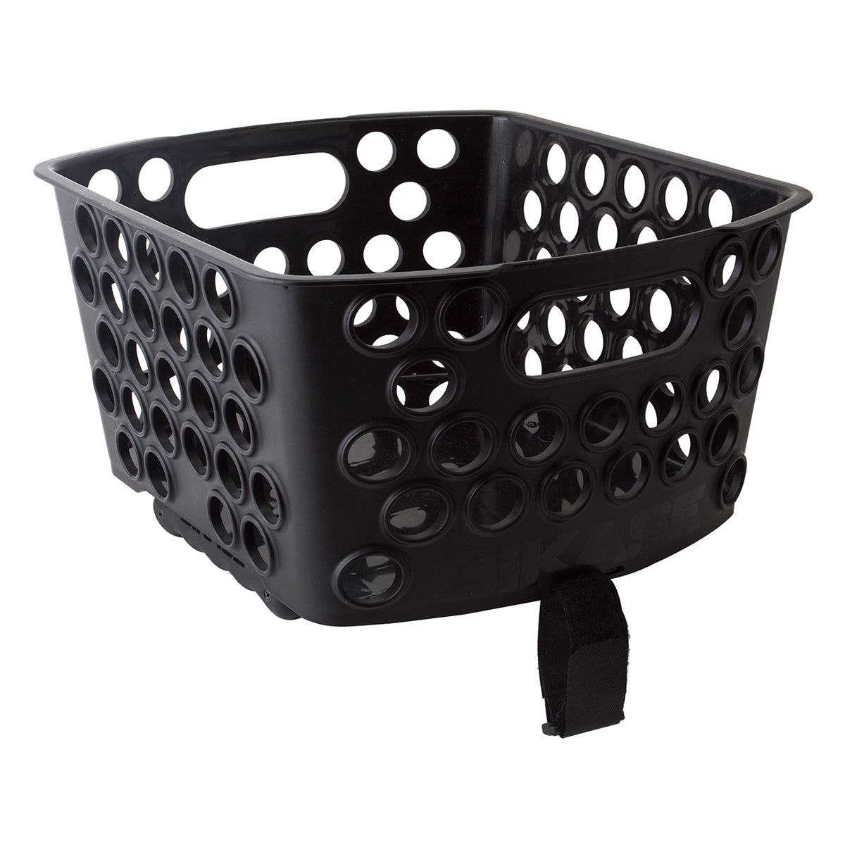 Dairyman Rear Basket for Bicycles (BiKASE): Black plastic basket with holes, reflective rear accents, removable Velcro handles, safety strap, and cargo net. Designed for easy attachment with spring-loaded handles.