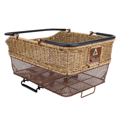 Market Basket DLX Rear Wicker Basket for Bicycles (Axiom), featuring a hand-woven resin-wicker top and durable epoxy steel mesh bottom with a handle and cut-away front section for seat clearance.