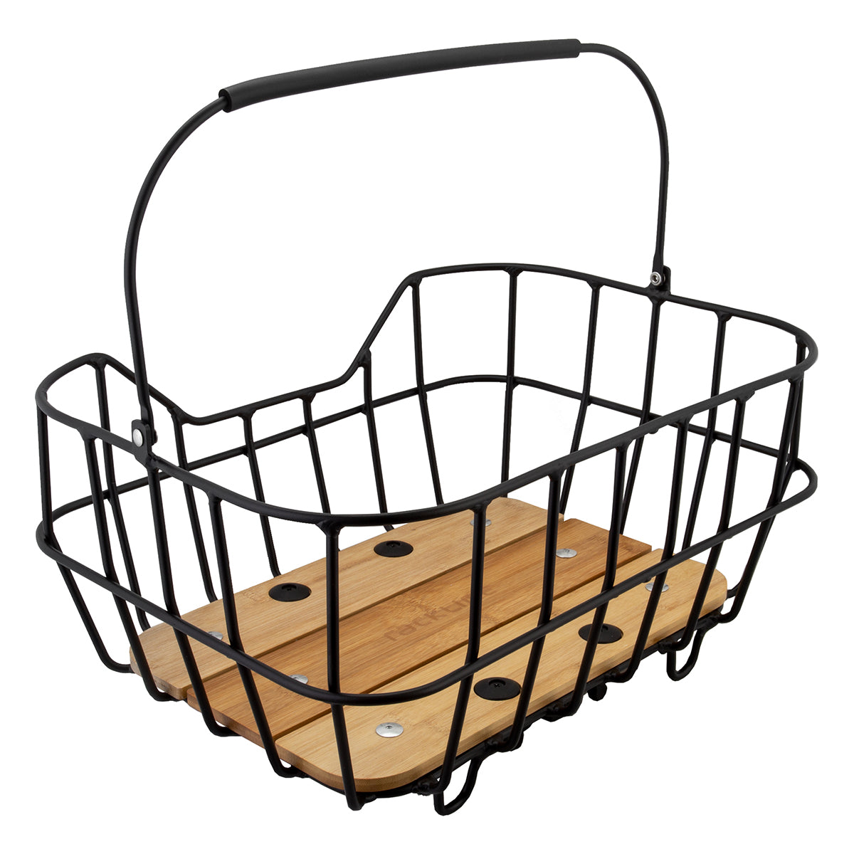 Baskit Breeze Rear Basket for Bicycles (Racktime) featuring a black aluminum frame, weather-resistant natural bamboo base, and rubber handle grip, designed for easy attachment with a pre-mounted Snapit rack adapter.