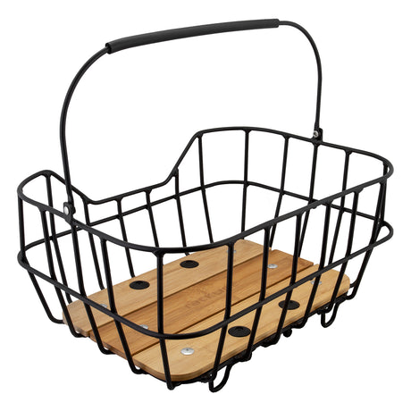 Baskit Breeze Rear Basket for Bicycles (Racktime) featuring a black aluminum frame, weather-resistant natural bamboo base, and rubber handle grip, designed for easy attachment with a pre-mounted Snapit rack adapter.