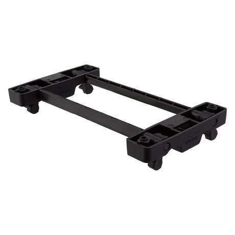 Snapit Bicycle Basket Rack Adapter with black plastic frame and black screws, designed to mount bicycle baskets or rack bags to racks using the Snapit system, includes necessary mounting hardware.