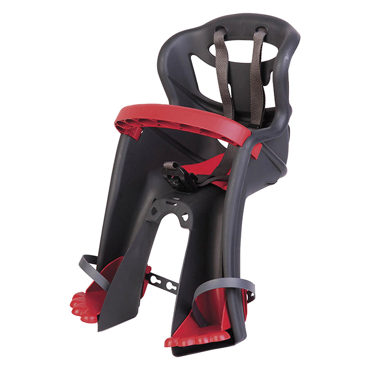 Tatoo Plus Front Child Carrier for Bikes: A black and red baby seat with a seat belt, designed for mounting between the handlebar and adult's seat, featuring adjustable footrests and a length-adjustable harness.