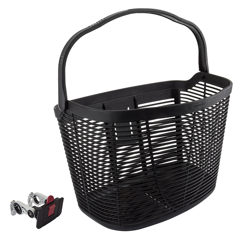 HD Plastic Basket with Quick Release Alloy Bracket for Bikes & Scooters, features a black basket with a handle, designed for easy attachment and removal on handlebars.