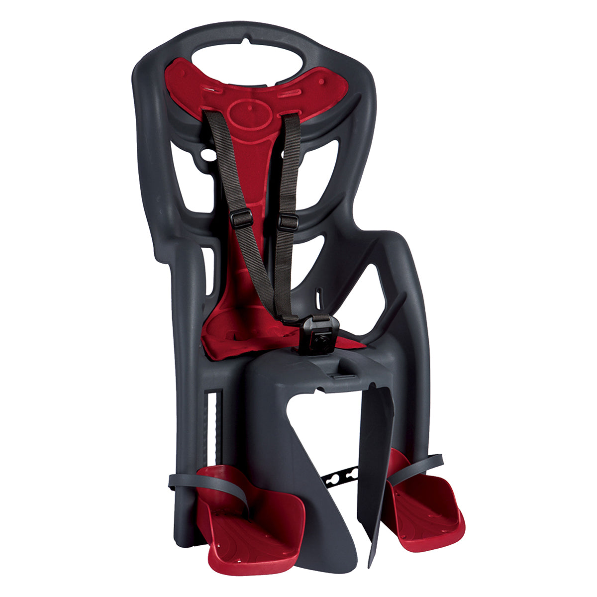 Pepe Rear Child Carrier for Bikes featuring high sideboards, a spacious seat with a soft cushion, and an adjustable 3-point harness, designed for mounting on adult-size bicycles.