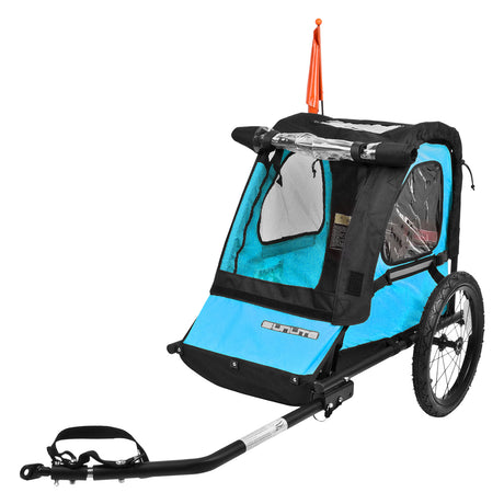 Trailer Tot Single ST Bike Trailer with quick-release wheels shown in a side view. Features include a screened cover, rain shield, safety flag, and clear view windows.