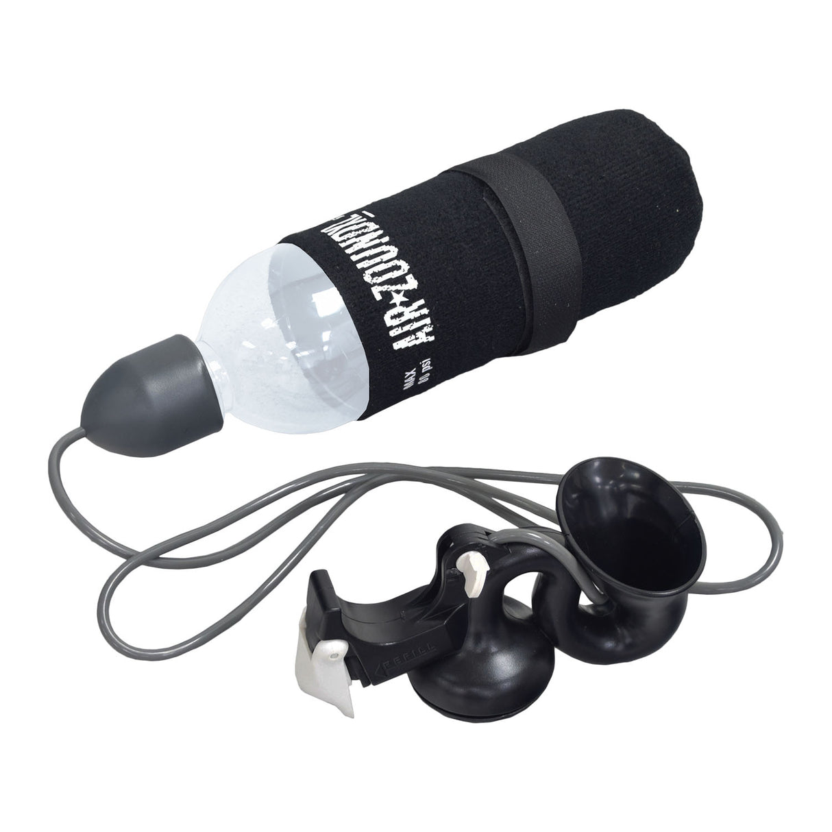 Air Zound Horn for Bikes, featuring a water bottle-style compressed air reservoir with an attached tube, designed to mount on handlebars for a loud, rechargeable bike horn.