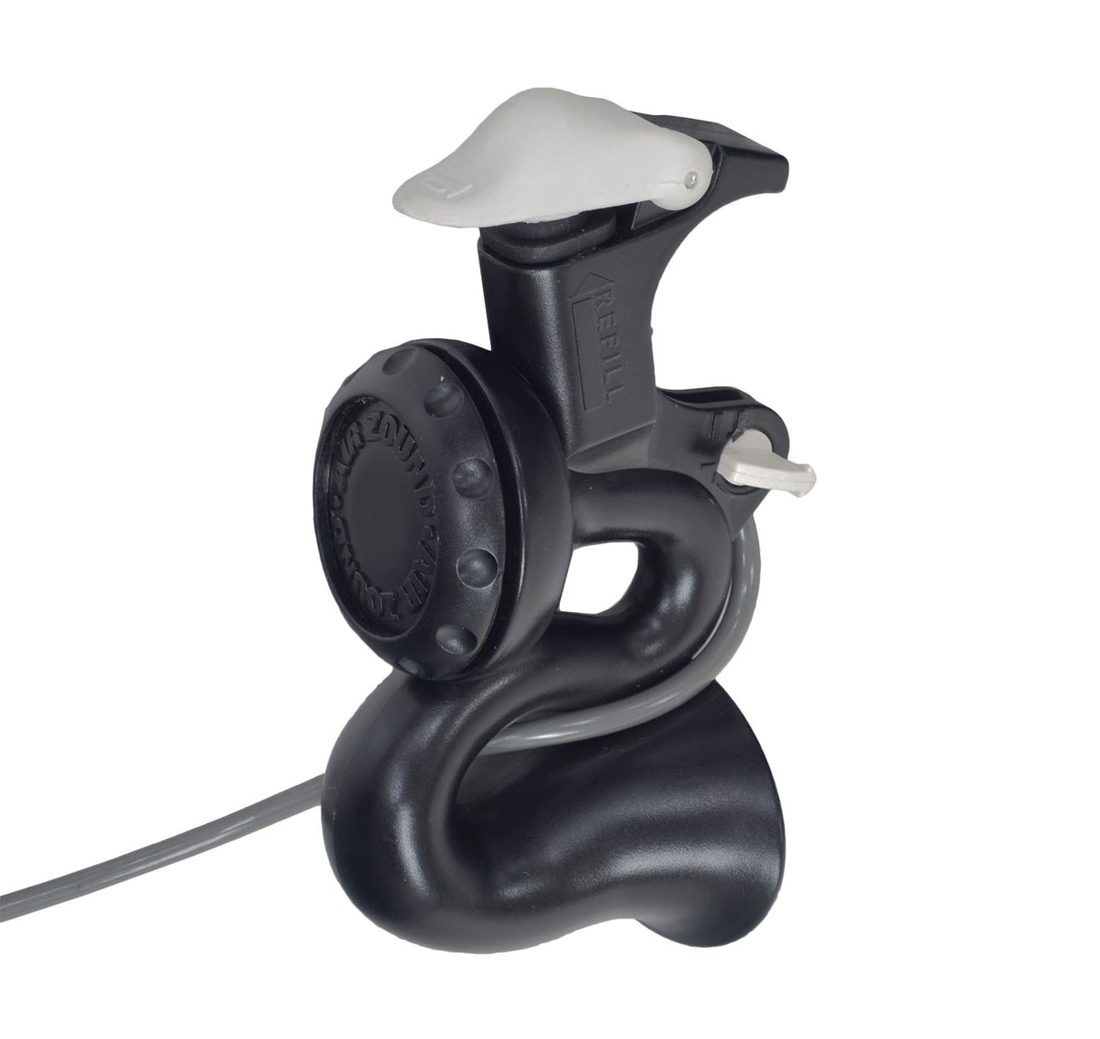 Air Zound Horn for Bikes, featuring a black device with a white handle and an air reservoir that mounts on the bike frame's bottle cage.