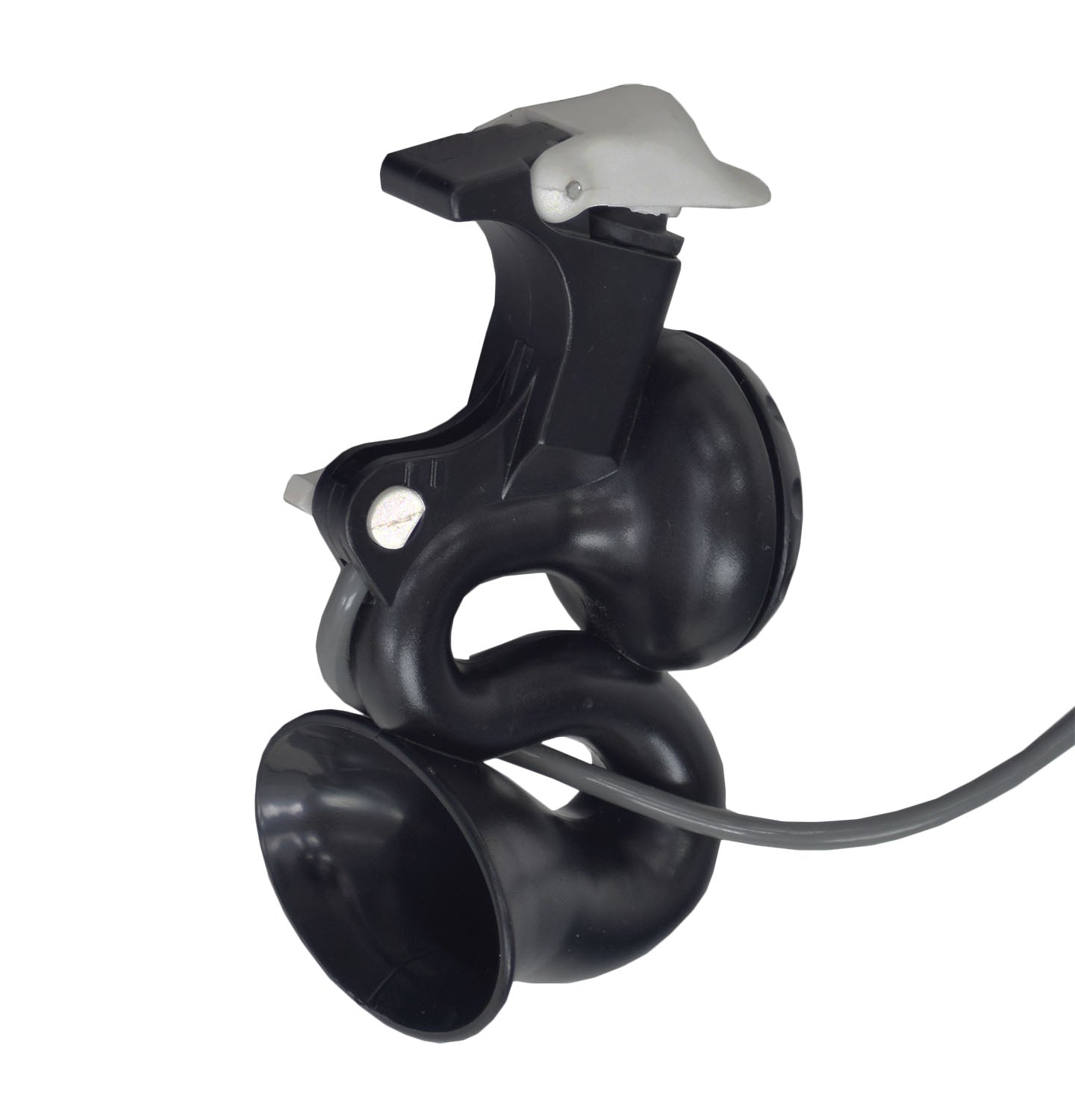 Air Zound Horn for Bikes featuring a black horn with an attached grey cable, designed for easy handlebar mounting and a refillable air reservoir for powerful, safety-enhancing noise.