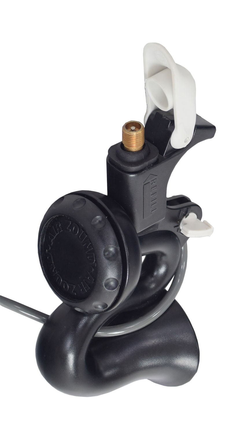 Air Zound Horn for Bikes featuring a white clip, black body, and built-in clamp for handlebar mounting. Includes a separate refillable air reservoir for efficient noise warning on the go.