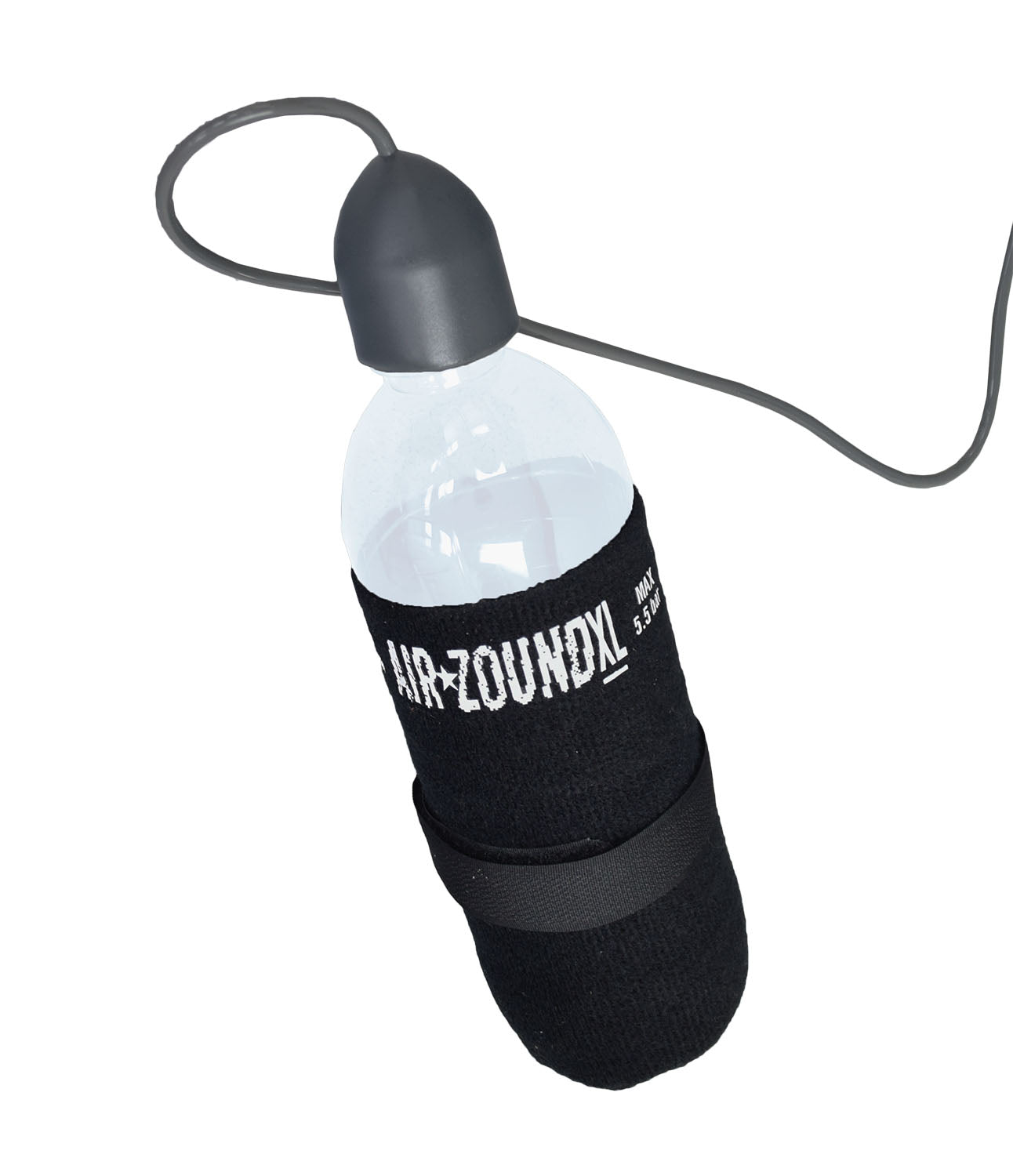 Air Zound Horn for Bikes with a black cover, showing its air reservoir designed for mounting in a bike's bottle cage for easy refilling with a bike pump.